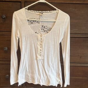 Free People White Lace Button Long Sleeve Top